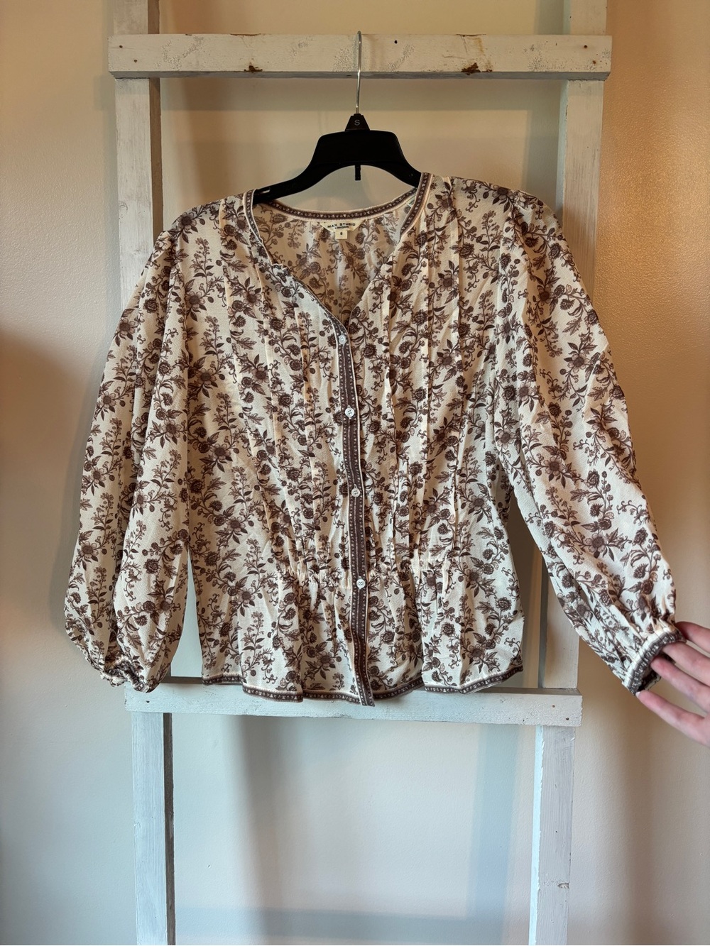 Max Studio Cream and Brown Floral Button-Front Blouse